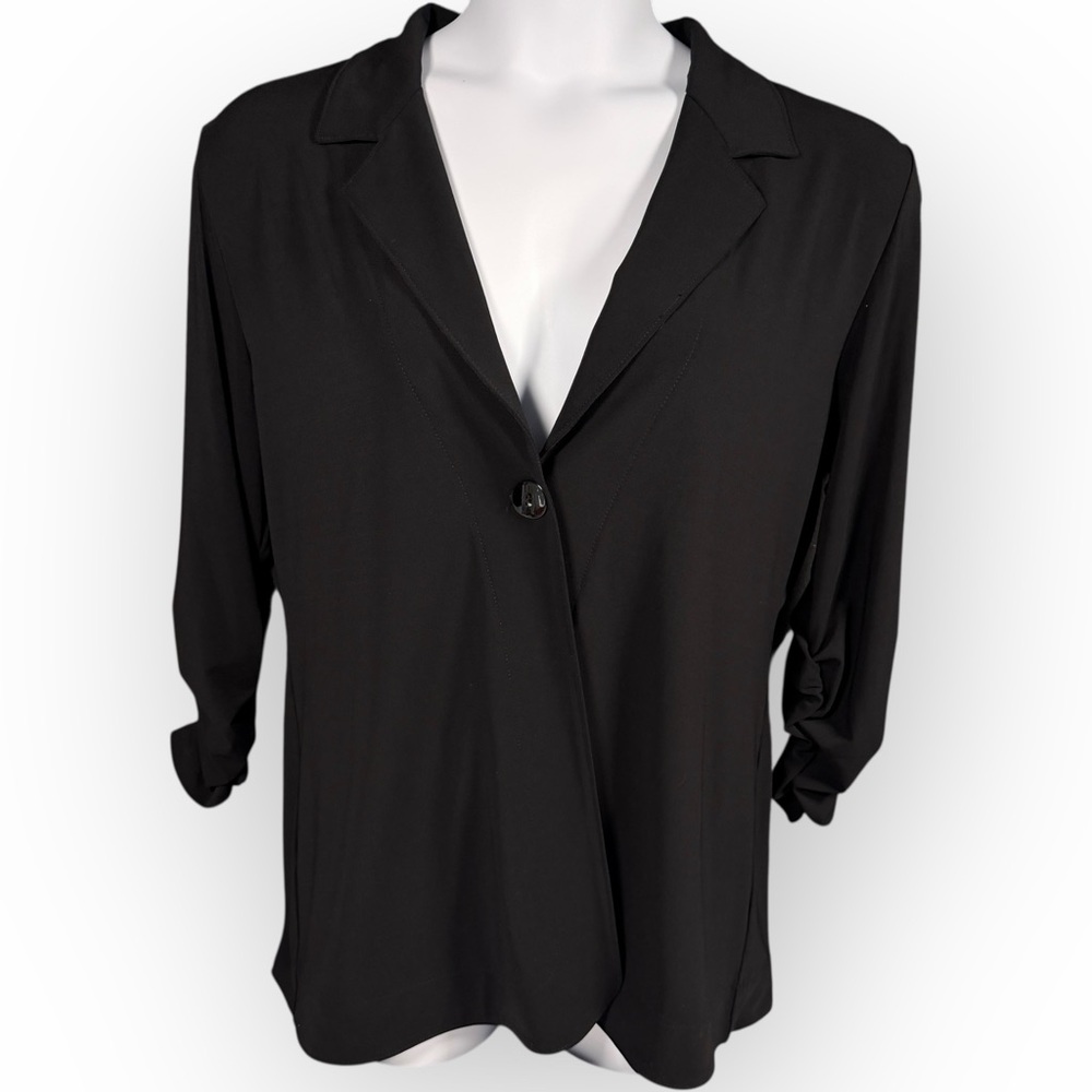 Chico's Elegant Black One Button‎ Top Cardigan Ruches Sleeves Travel Slinky USA